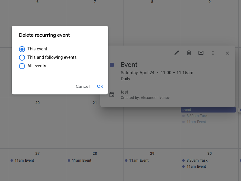 Snippet of Delete specific events from Google Calendar series